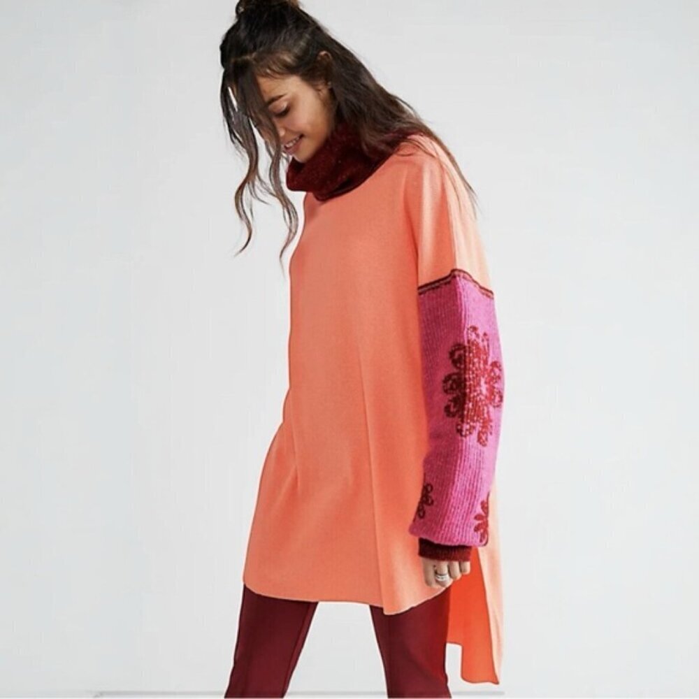 Free People Oversized Make It Cozy Coral Thermal Tunic Top Sweater Sleeves Sz S